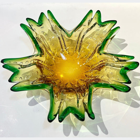 1970s Vintage Italian Green & Amber Murano Glass Star Shaped Bowl /Vide-Poche