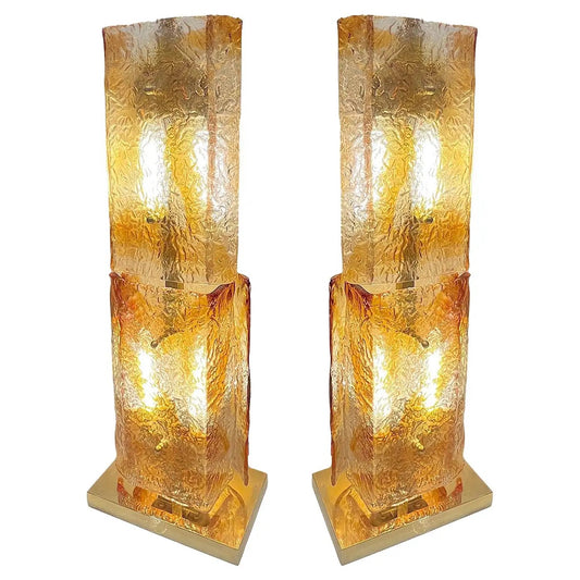 1970s Italy Sculpture Pair Amber Orange Scroll Pattern Murano Glass Tall Lamps
