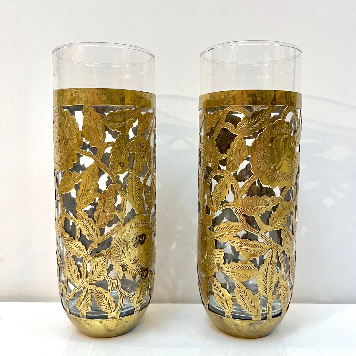 1960s Mexican Pair Drinking Glasses Encased in Etched Cutwork Floral Brass Decor