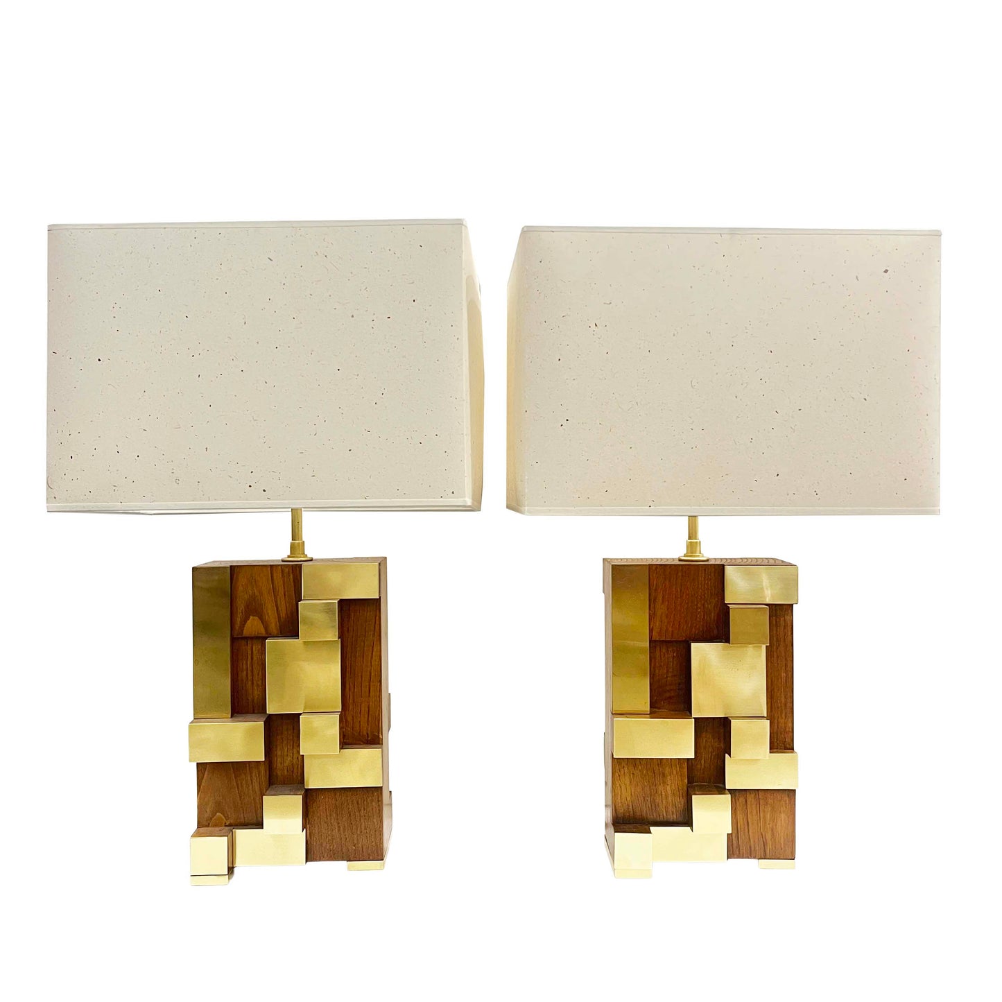 Contemporary Italian Architectural Pair Stepped Wood Brass Organic Urban Lamps