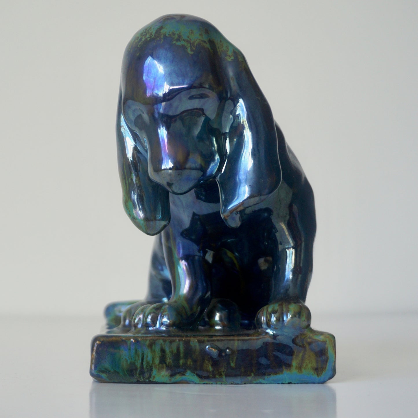 French Antique Pottery Art Nouveau Lustre Glaze Blue Green Dog Figure Sculpture