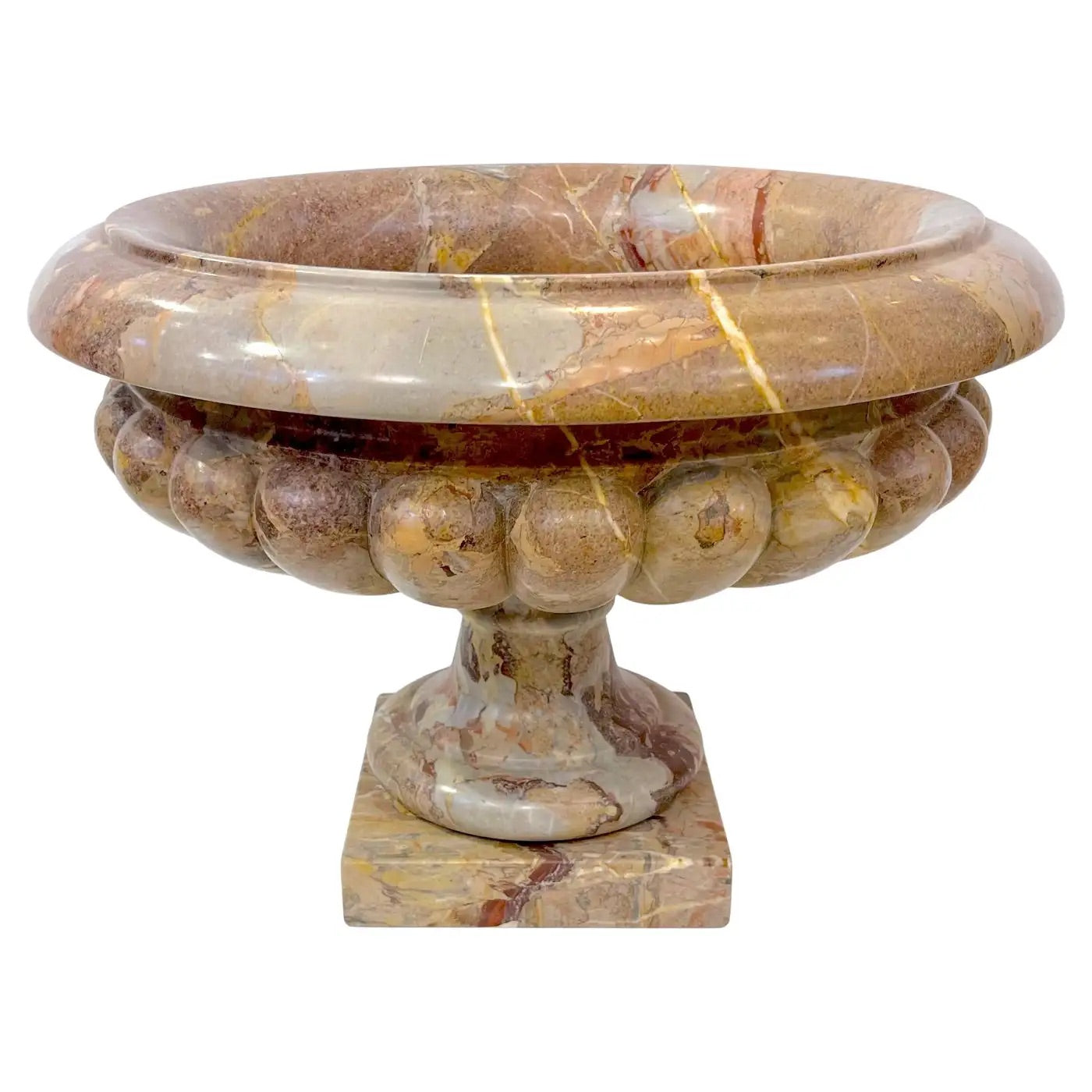 1960 Neoclassical Italian Carved Pink Red Marble Big Tazza Bowl with White Veins