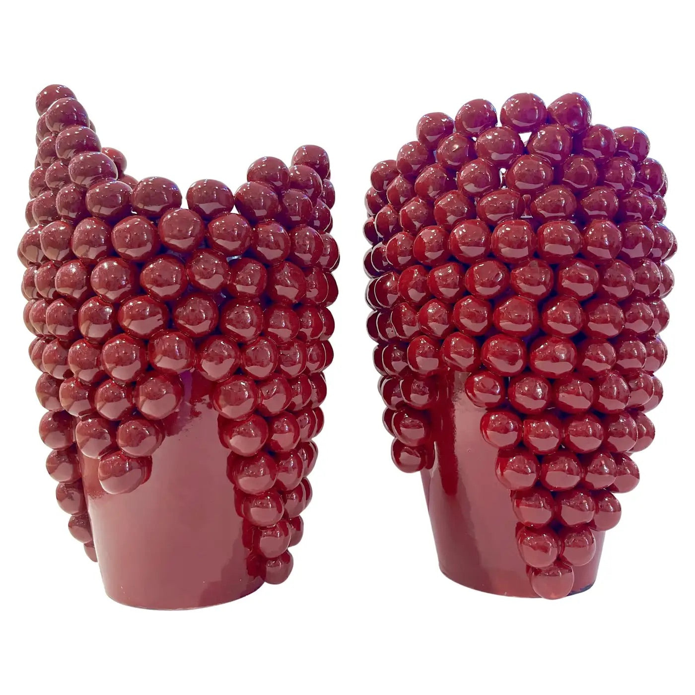 Post-Modern Italian Pair Sculptural Ceramic Dark Wine Vases with Grapevine Decor