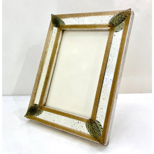 1960s Italian Vintage Mirror Photo Frame Green Leaves & Gold Murano Glass Decor