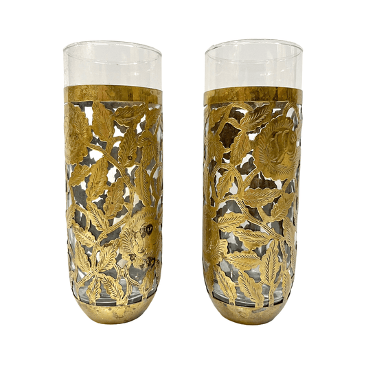 1960s Mexican Pair Drinking Glasses Encased in Etched Cutwork Floral Brass Decor