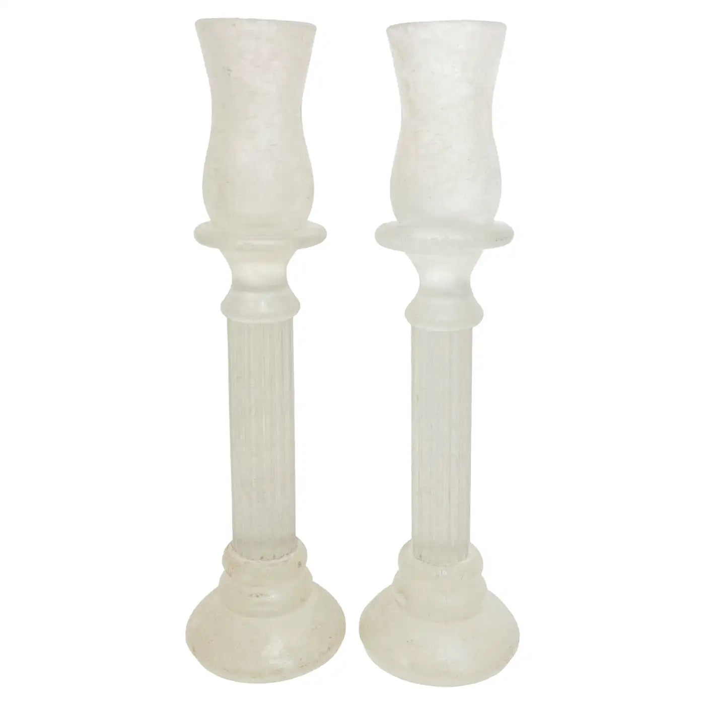 1950s Mid-Century Modern Italian White Grey Scavo Murano Glass Pair Candlesticks