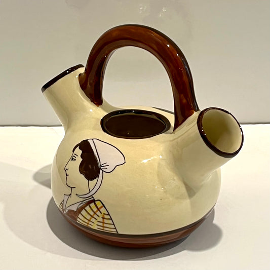 1930 French Henriot Quimper Faience Handle Dual Spout Yellow Pot Man Woman Decor