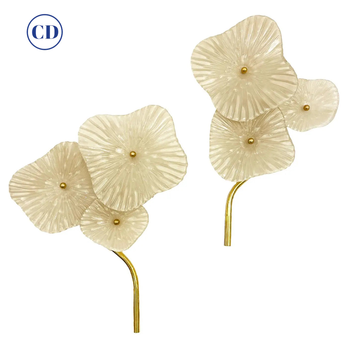 Italian Modern Pair Cream White Murano Glass 3-Flower Branch Brass Wall Sconces