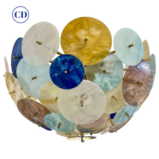 Contemporary Italian Amber White Aqua Vivid Blue Murano Glass Sputnik Flushmount