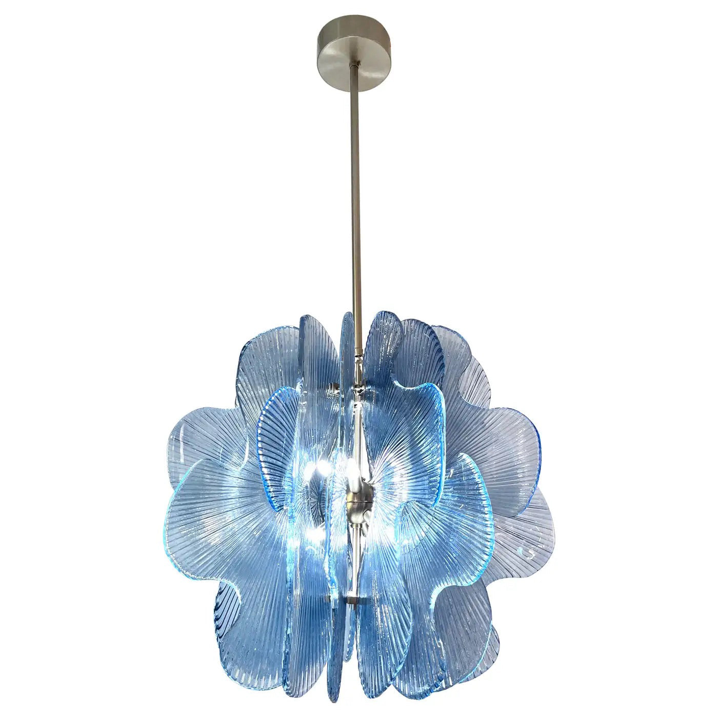 Modern Italian Wavy Blue Textured Murano Glass Satin Nickel Pendant/Chandelier