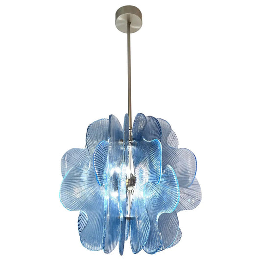 Modern Italian Wavy Blue Textured Murano Glass Satin Nickel Pendant/Chandelier