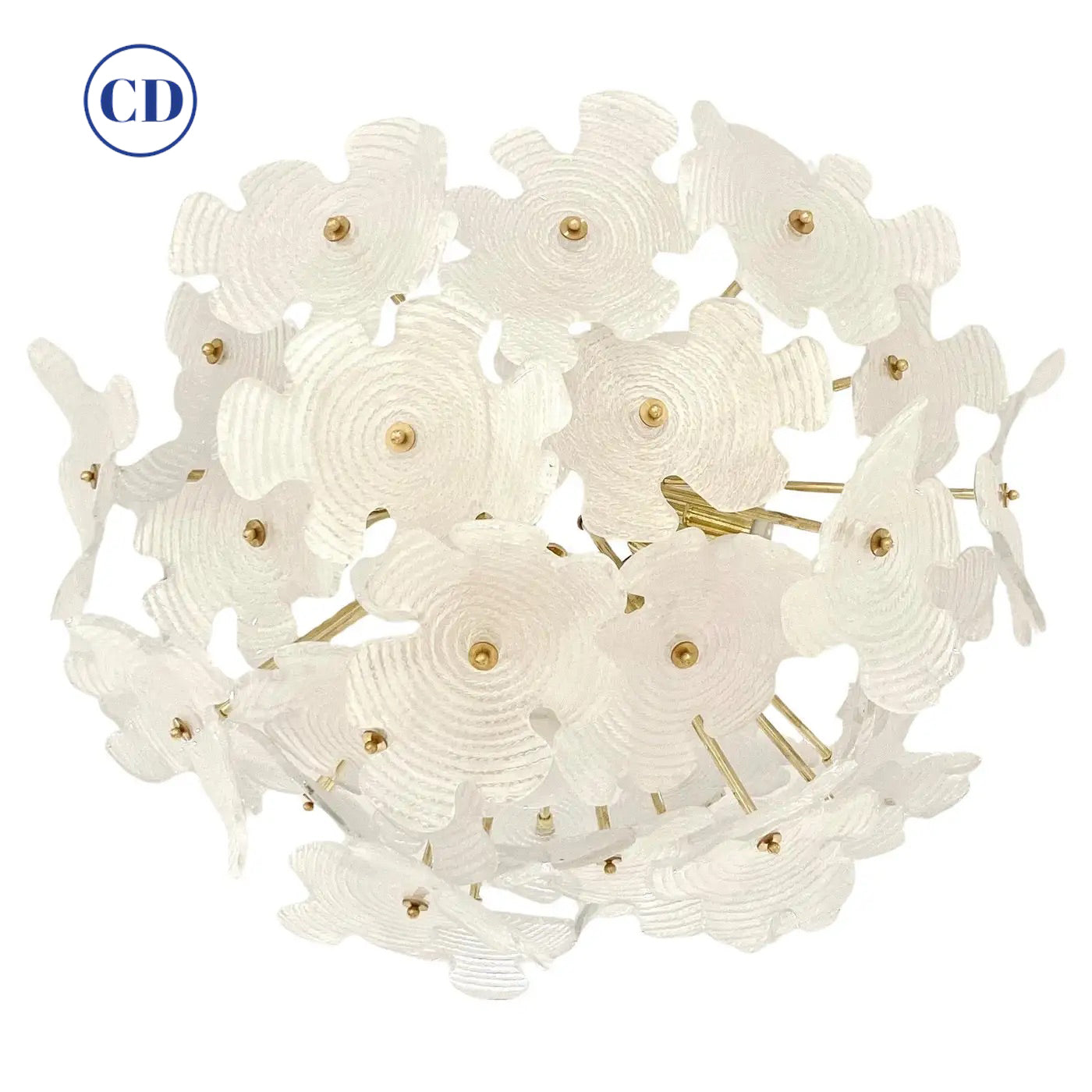 Contemporary Italian Brass & Satin White Murano Glass Flower Sputnik Flushmount
