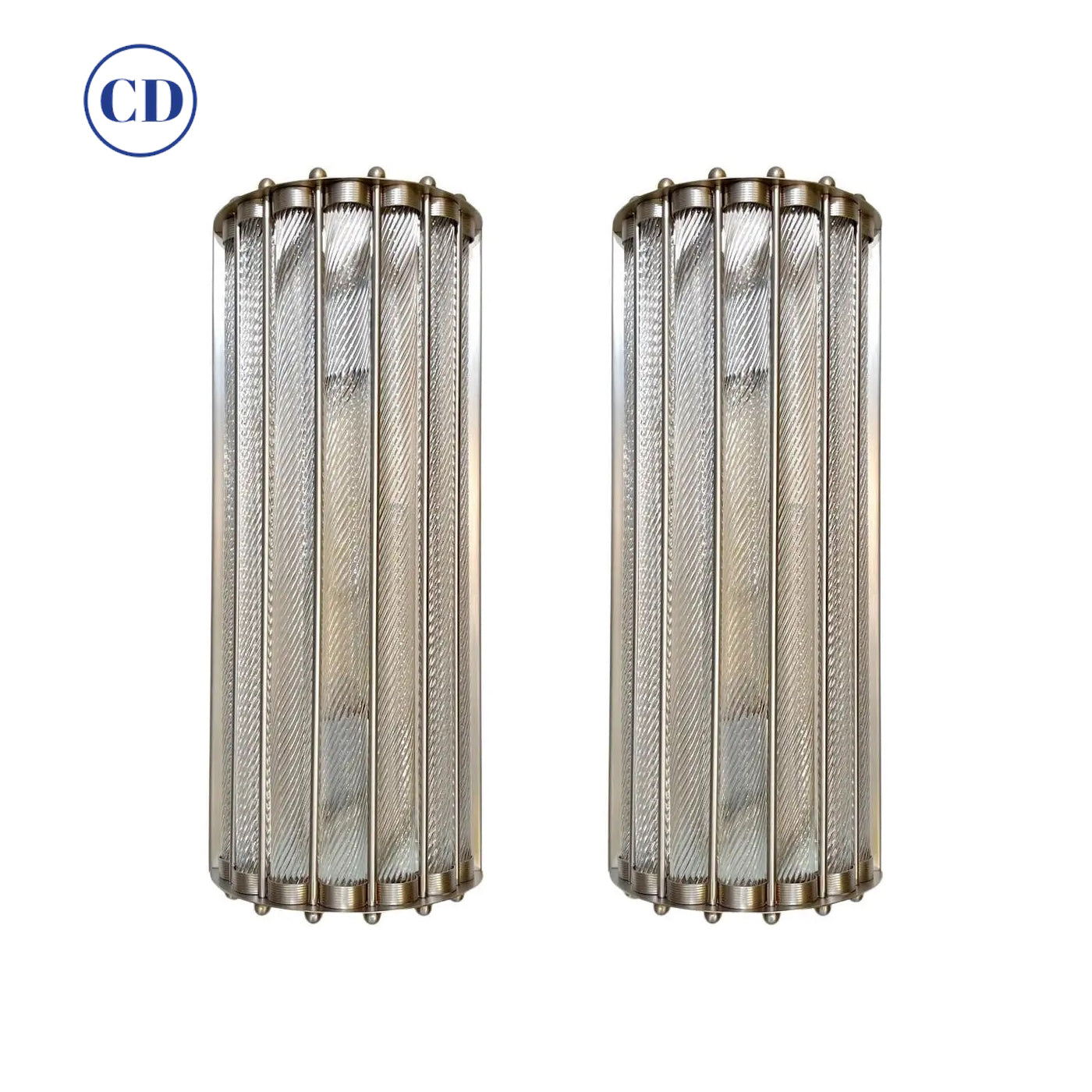 Italian Art Deco Design Pair Crystal Murano Glass Half Moon Satin Nickel Sconces