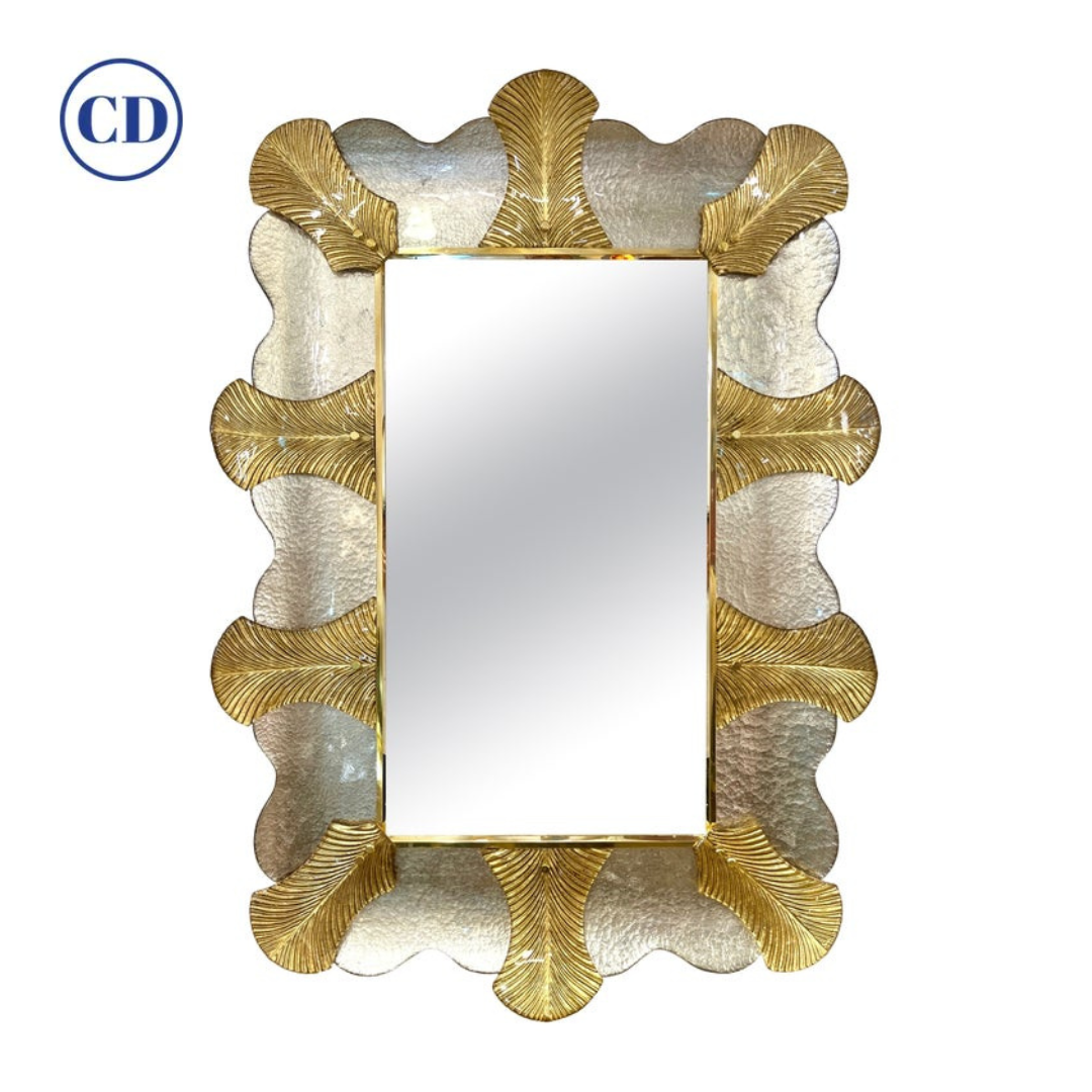 Bespoke Italian Art Deco Style Curved Leaf Gold Silver Murano Glass Brass Mirror