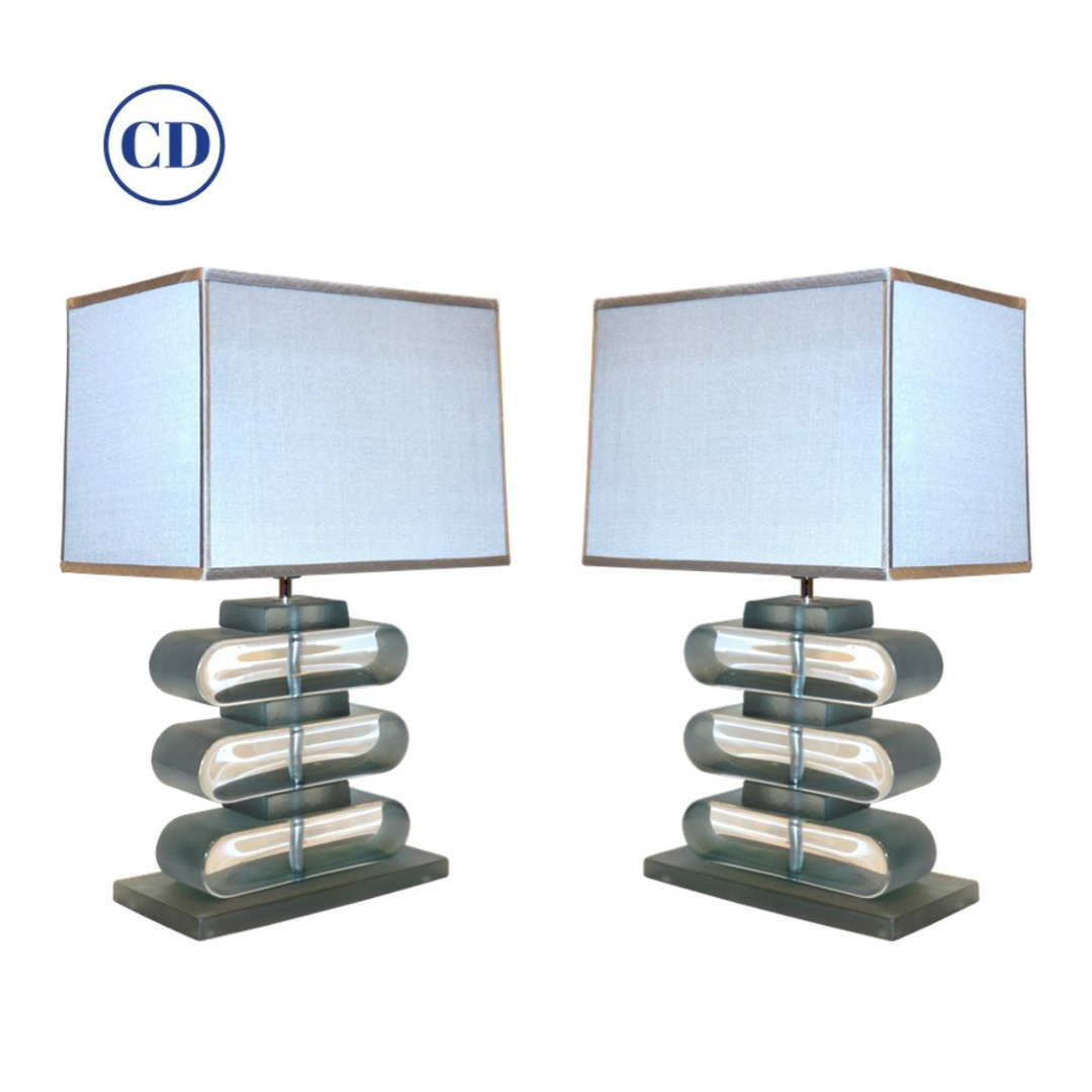 Italian Modern Pair of Nickel and Smoked Aqua Murano Glass Architectural Table Lamps