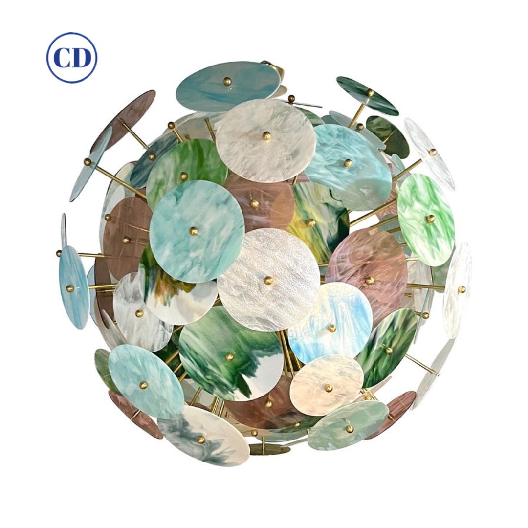 Italian Monumental Blue Pink Pastel Murano Glass Round Brass Sputnik Chandelier