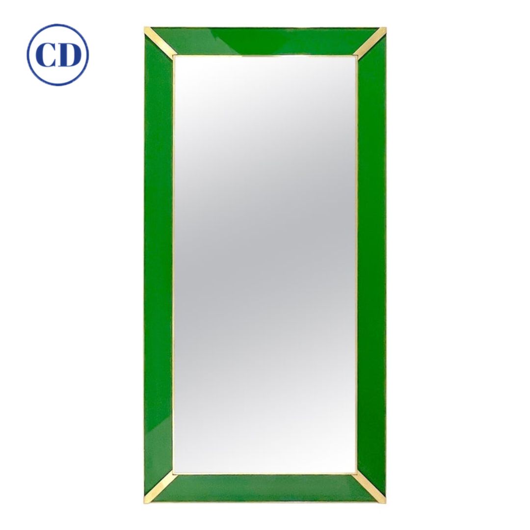 Contemporary Italian Minimalist Design Green Glass Mirror with Brass Accents