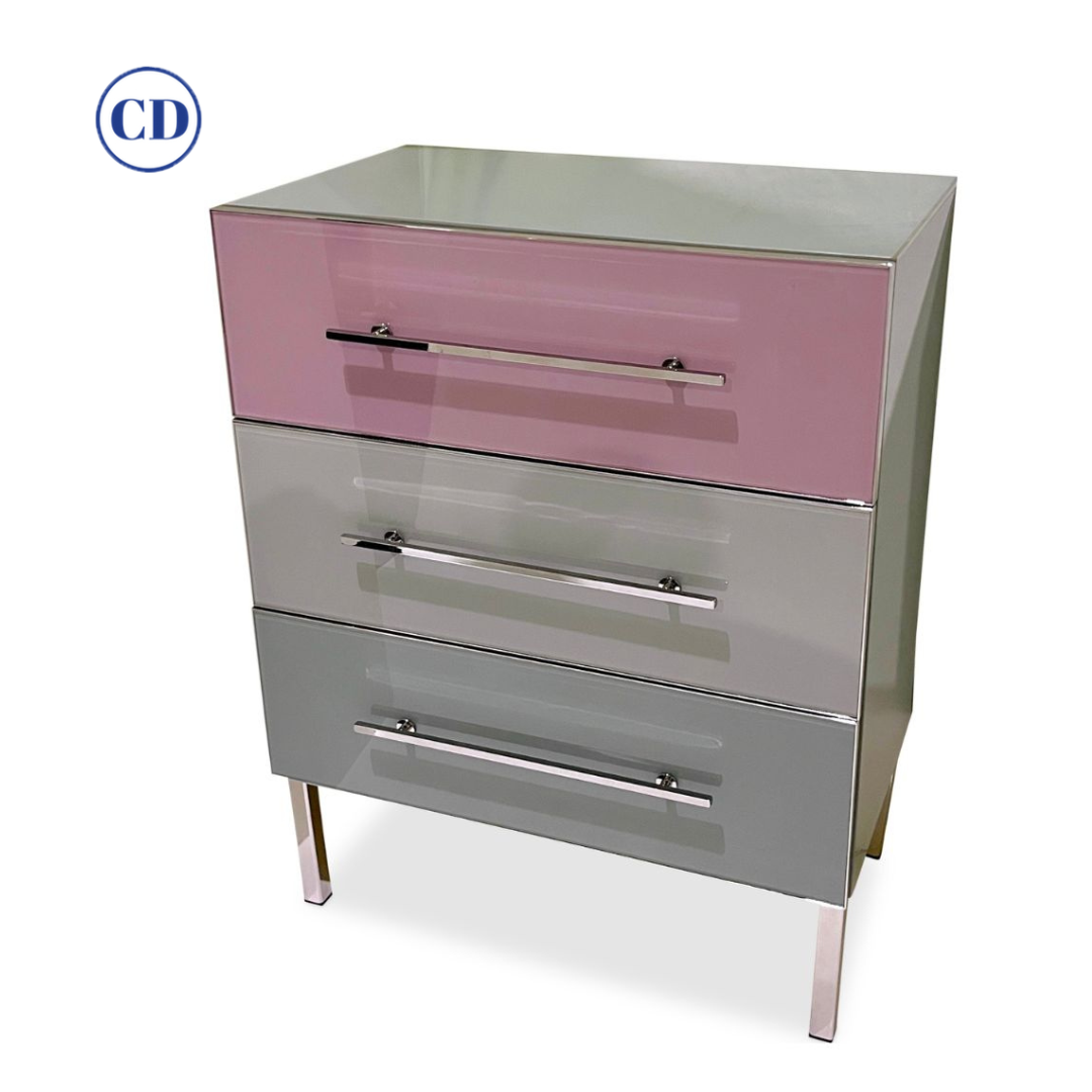 Bespoke Italian Post-Modern Pink Gray Glass 3-Drawer Nickel Chest Nightstand