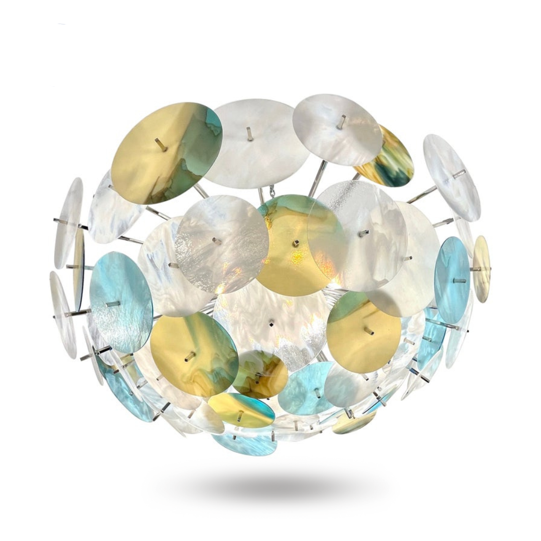 Modern Italian White Aqua Blue Yellow Murano Glass Nickel Sputnik Flushmount