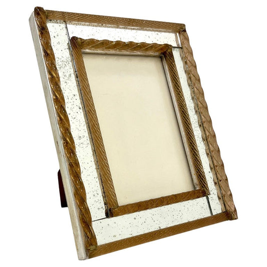 1960 Italian Vintage MIrror & Amber Twisted Murano Glass Silvered Photo Frame
