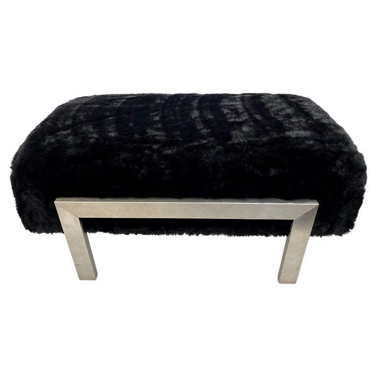 1970s Italian Vintage Black Faux Fur Steel Bed Stool Bench