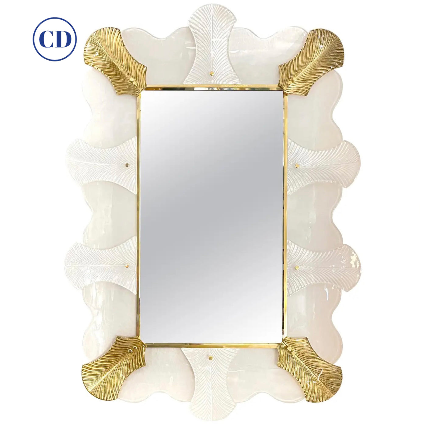 Bespoke Italian Art Deco Style Curved Leaf White Gold Murano Glass Brass Mirror