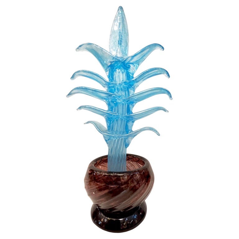 1990s Italian Sky Blue Leaves Murano Art Glass Cactus Plant in Purple Pot