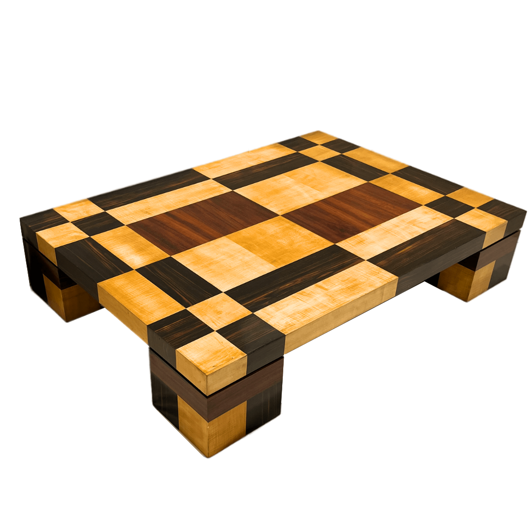 1970s Italian Vintage Walnut Cherrywood Maple Geometric Center Coffee Table