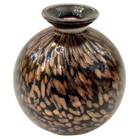 1991 Italian Murano Art Glass Black Copper Sommerso Single Flower Round Vase