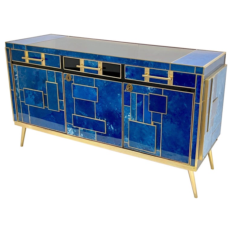 1980s Italian Post Modern Vintage Blue Black Brass 3-Door 3-Drawer Cabinet