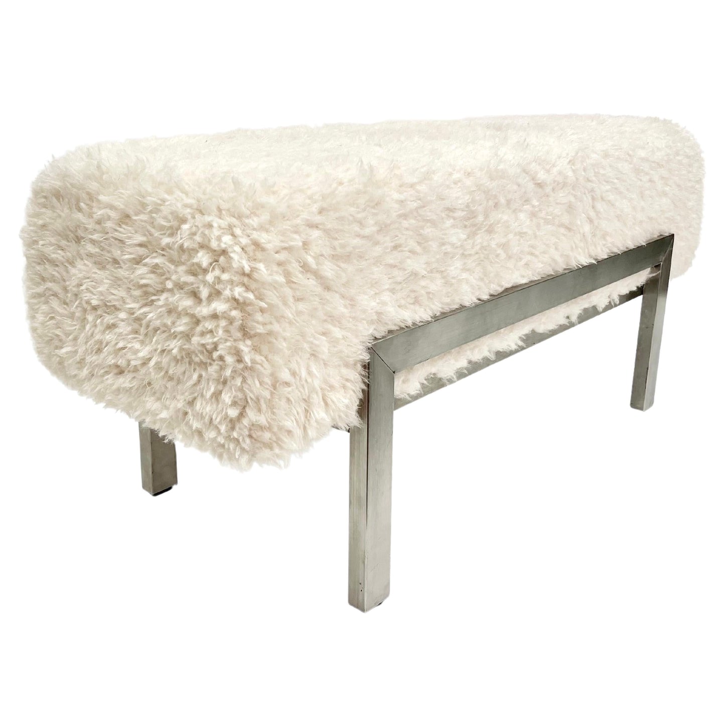 1970 Italian Vintage White Himalayan Faux Fur Steel Bed Stool Bench