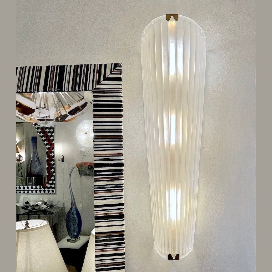 Modern Italian Art Deco Design Iridescent Frosted White Murano Glass Sconces