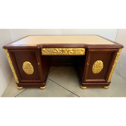 1920s French Art Deco Leather Writing Top Giltwood Carving Rosewood Desk