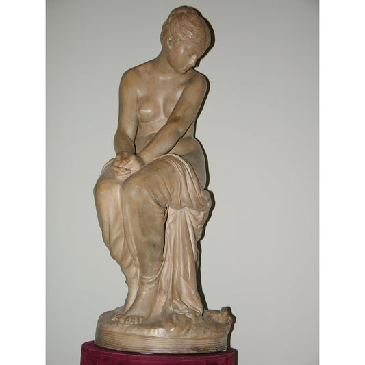 19th C French Antique Signed Taupe Terracotta Sculpture of Woman And Sparrows