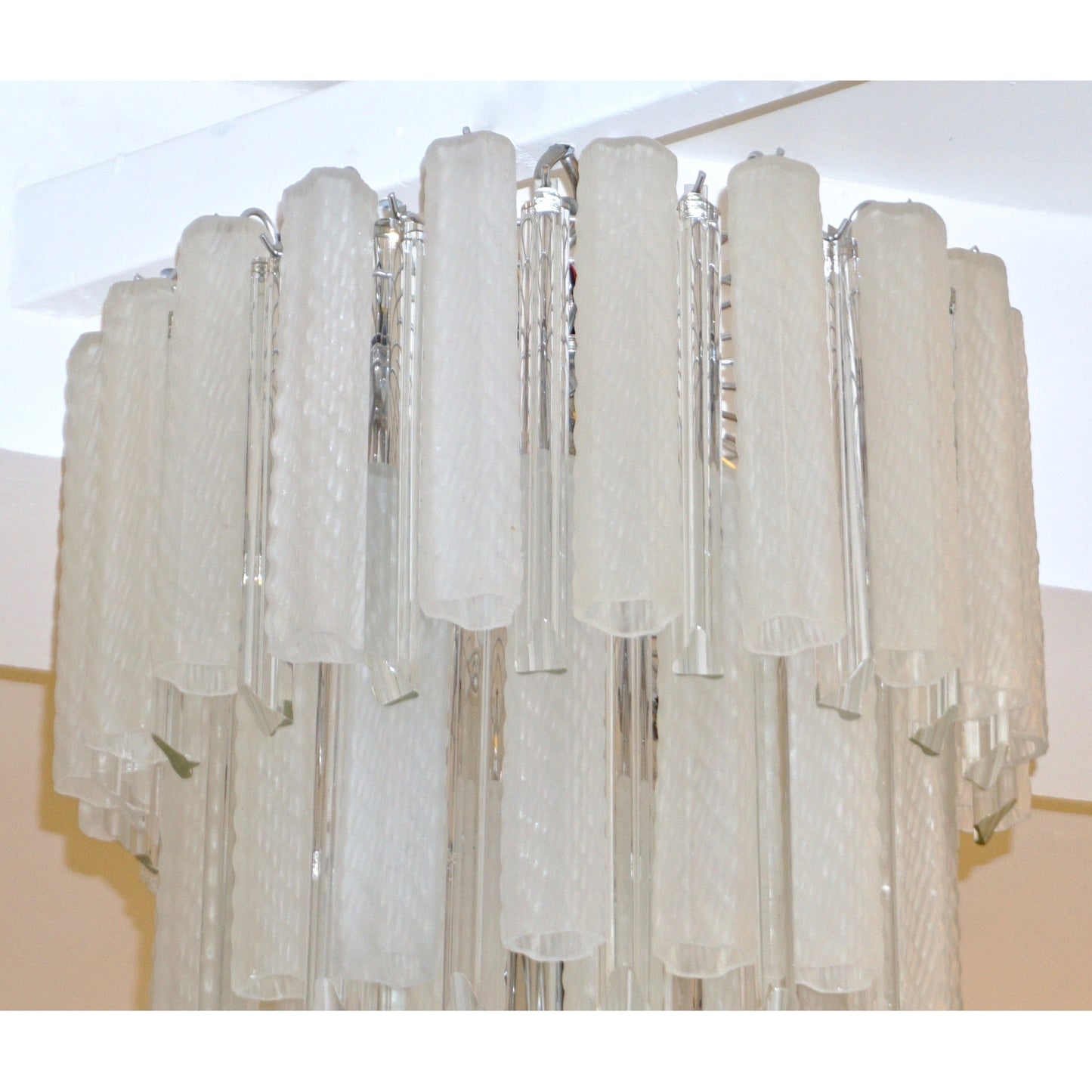 Venini 1960s Cylinder Crystal and White Murano Glass Round Chandelier on Nickel