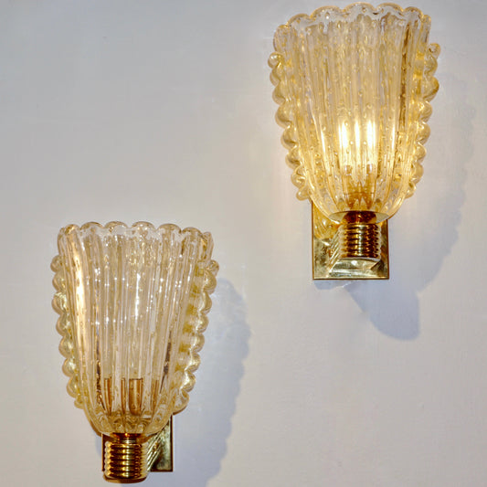 Contemporary Italian Art Deco Design Crystal Gold Leaf Murano Glass Bowl Sconces