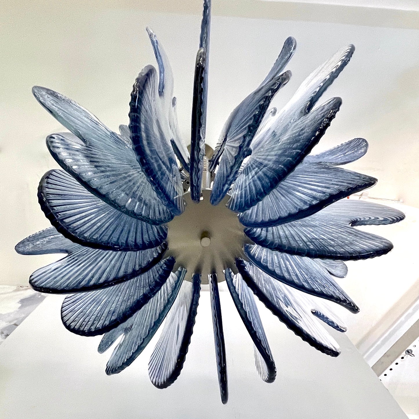 Modern Italian Wavy Blue Textured Murano Glass Satin Nickel Pendant/Chandelier