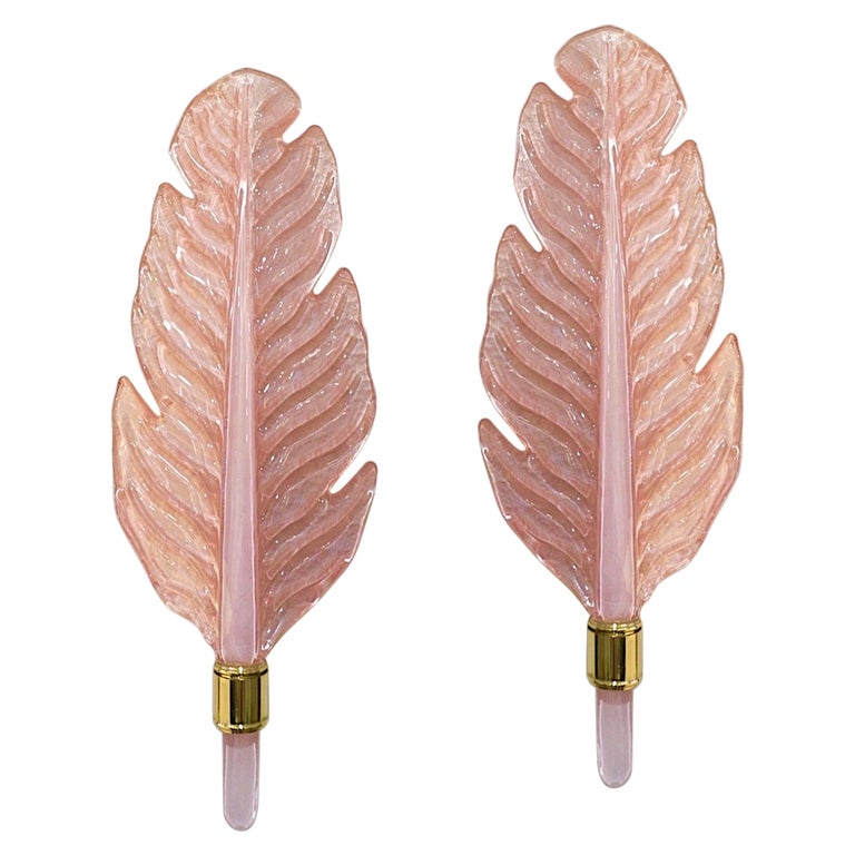 Contemporary Italian Art Deco Pair of Amber Gold Murano Glass Brass Leaf Sconces