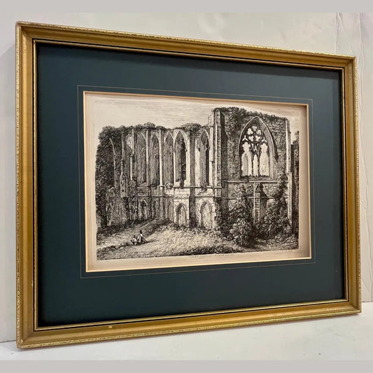 19th C. Easby Abbey English Antique Gold Framed Green Mat Black White Engraving
