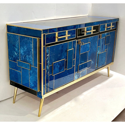 1980s Italian Post Modern Vintage Blue Black Brass 3-Door 3-Drawer Cabinet