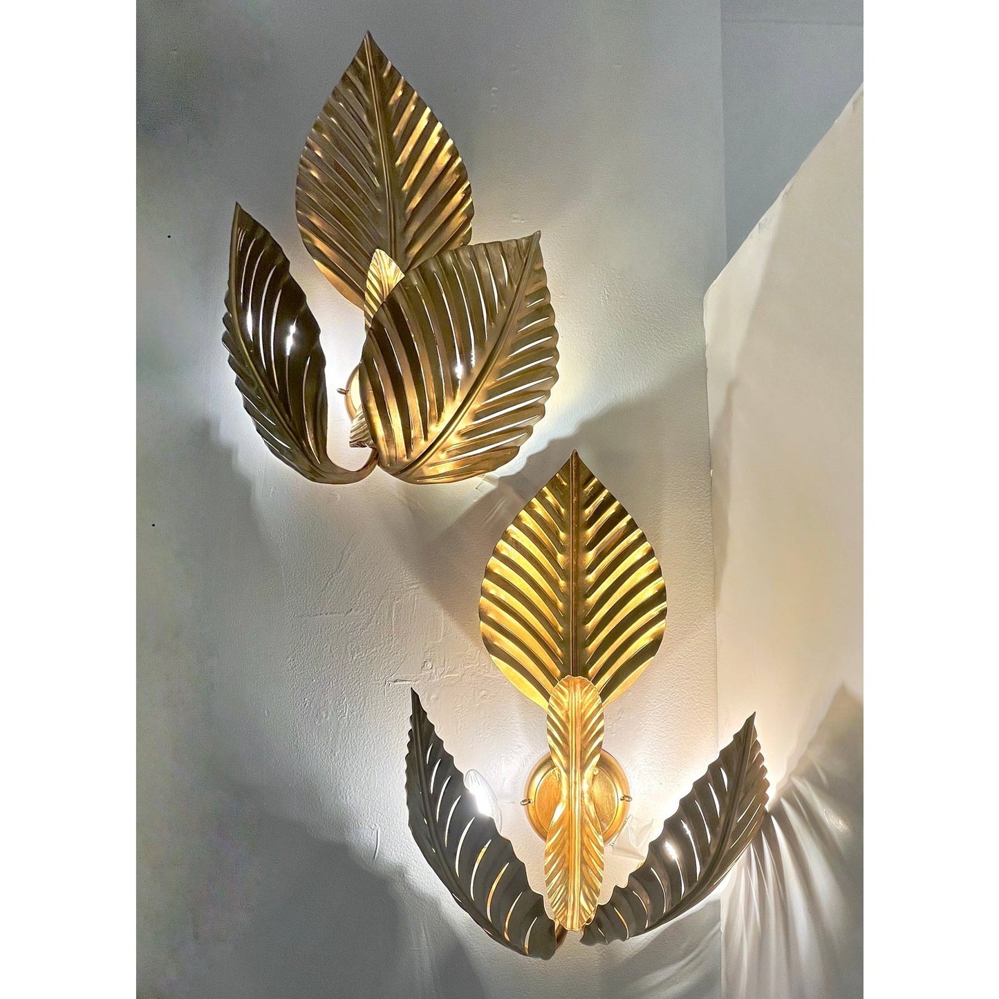 Contemporary Italian Art Deco Design Pair of Hand Made Gold Metal 3-Leaf Sconces
