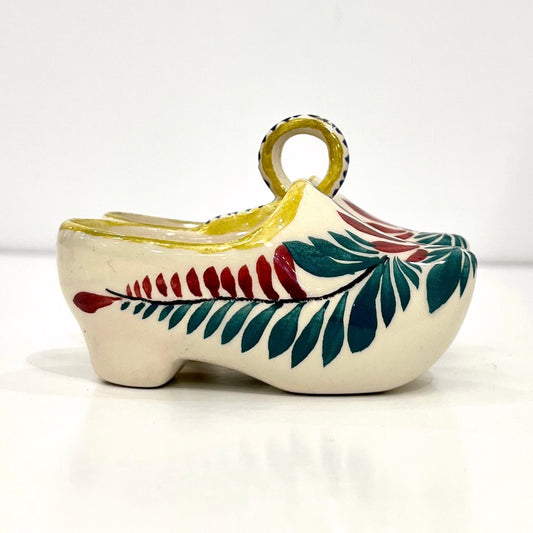 Vintage French HB Majolica Pottery Red Green Cream Clogs Salt & Pepper Holder