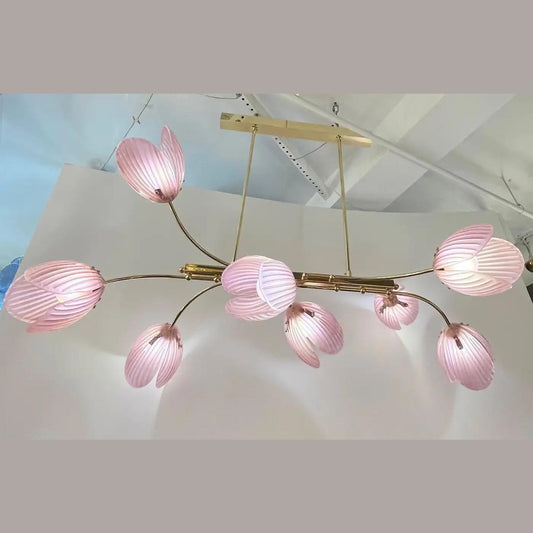 Modern Italian Pink Murano Glass Tulip Flower 8 Branch Airy Brass Chandelier