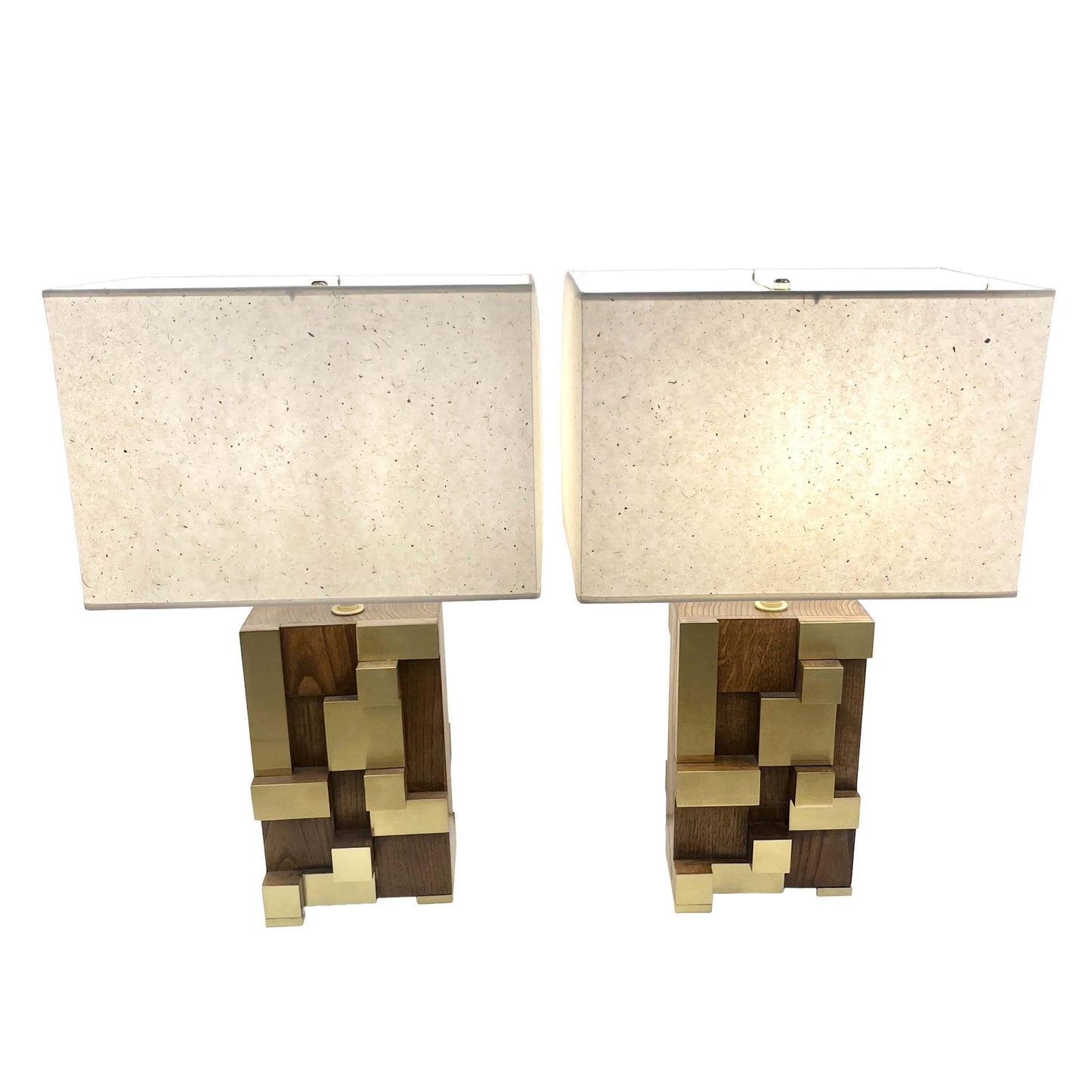 Contemporary Italian Architectural Pair Stepped Wood Brass Organic Urban Lamps