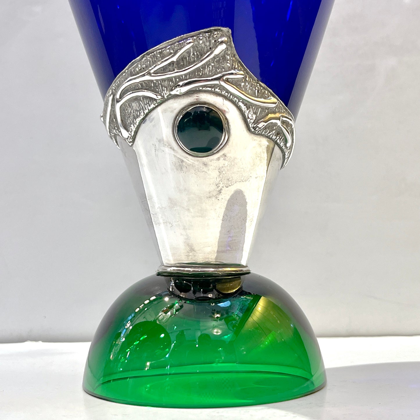 1980 Domar Israel Art Nouveau Style Green Cobalt Blue Glass Silver Bottle