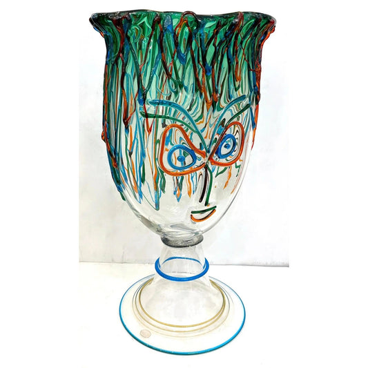 Luigi Mellara Picasso Homage Italian Green Blu Murano Glass Face Vase Sculpture