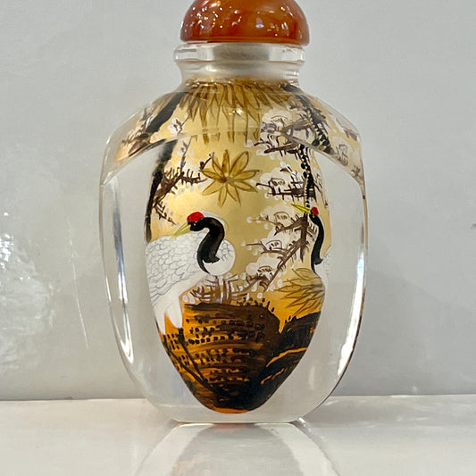 Asian Crane Birds Reverse Painted Cut Glass Decorative Bottle with Agate Stopper