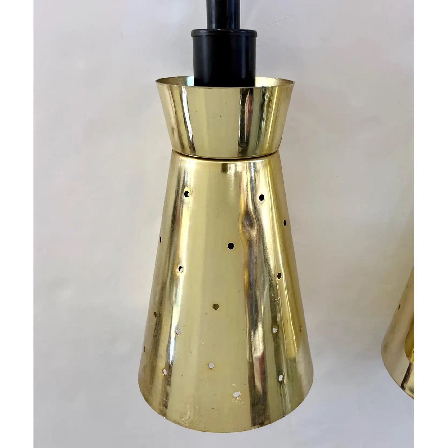 LUCI Set of 4 Italian Mid-Century Black & Perforated Brass Cone Pendant Lights