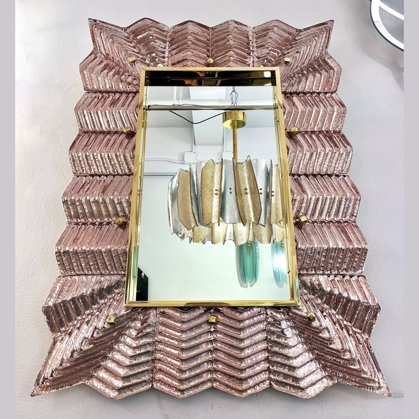 Bespoke Italian Art Deco Design Small Ruffled Pink Murano Glass Brass Mirror