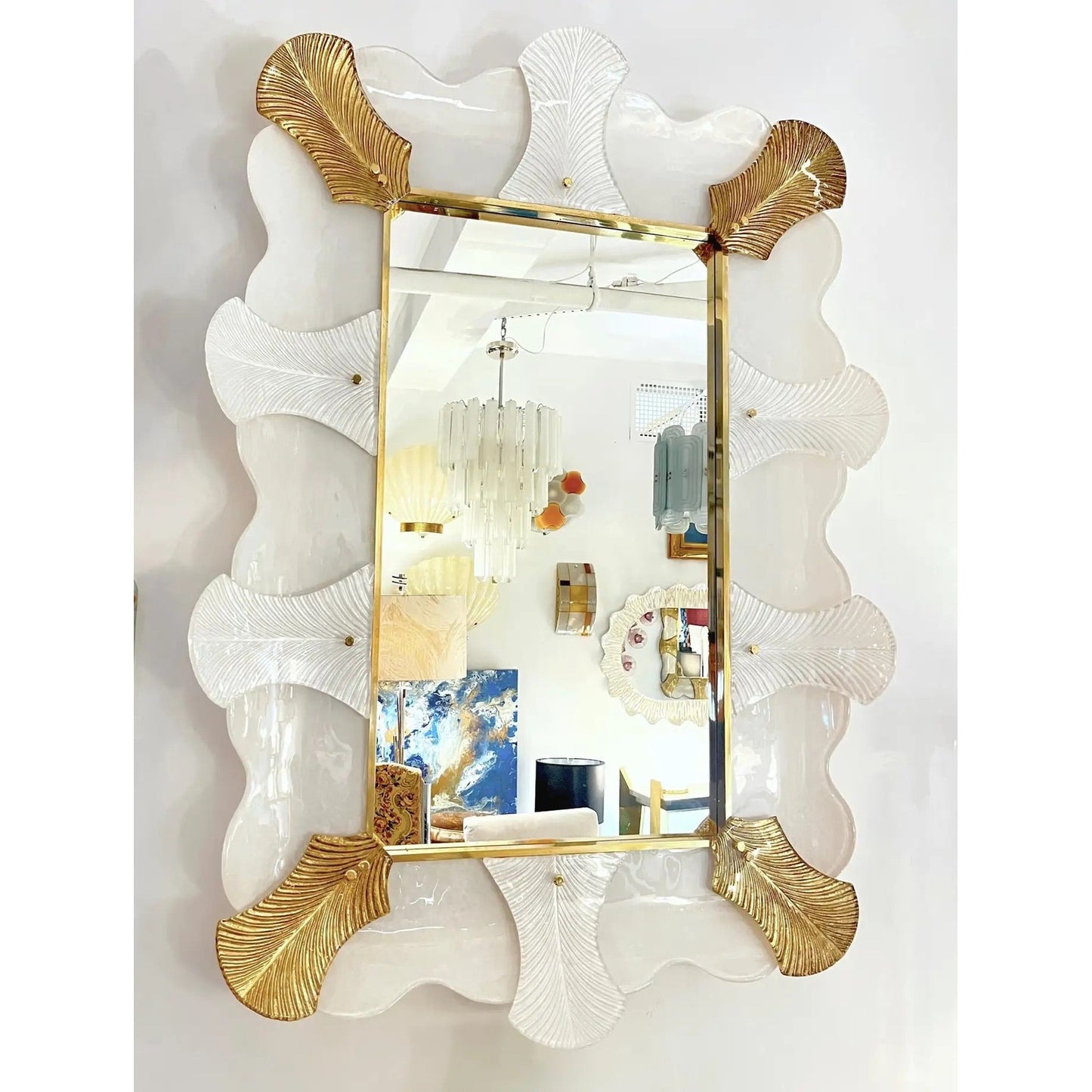 Bespoke Italian Art Deco Style Curved Leaf White Gold Murano Glass Brass Mirror